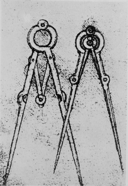 Leonardo da Vinci, Two types of adjustable-opening compass, fol. 108v from Paris Manuscript H, 1493-4 (pen & ink on paper)