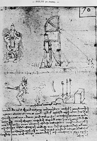 Leonardo da Vinci, Suggestions on how to construct a bastion at night, fol. 70r from Paris Manuscript B, 1488-90 (pen & ink on paper)