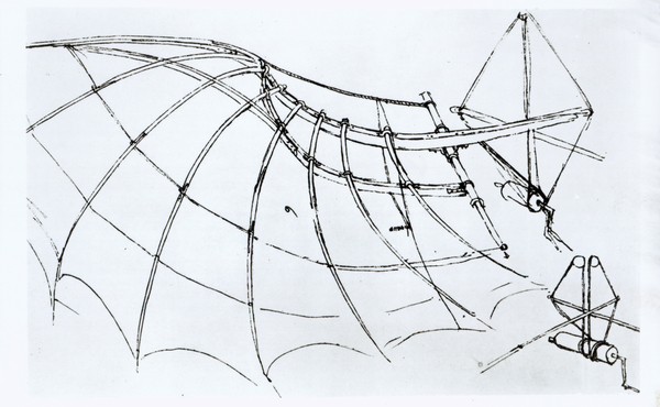 Leonardo da Vinci, Diagram of a mechanical wing, manuscript B, 1488-89 (pen & ink on paper) (b/w photo)