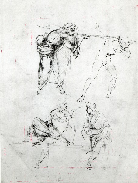 Leonardo da Vinci, Study of a man blowing a trumpet in another's ear, and two figures in conversation, c.1480-82 (pen and ink on paper)