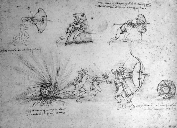 Leonardo da Vinci, Study with Shields for Foot Soldiers and an Exploding Bomb, c.1485-88 (pen and ink on paper)