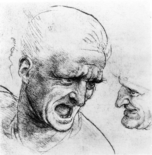 Leonardo da Vinci, Studies for the heads of two soldiers in 'The Battle of Anghiari', c.1504-05 (black chalk or charcoal on paper)
