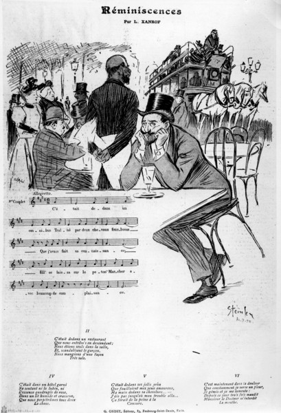 Théophile-Alexandre Steinlen, Sheet music for 'Reminiscences' by Leon Xanrof, 1892 (litho) (Erinnerung, Gartenlokal, Gäste, Postkutsche, Mann, nachdenklich, melancholisch, Lied, Noten, Strophen, Grafik, Musikzimmer, schwarz/weiß)