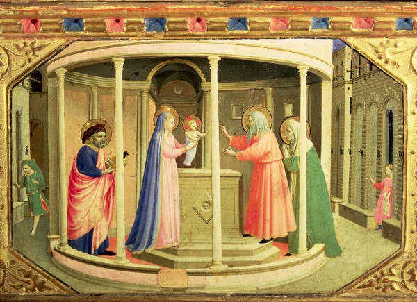 Fra Angelico, The Presentation in the Temple, from the predella of the Annunciation Altarpiece (tempera and gold on canvas) (Präsentation, Tempel, Heilige Familie, Jesukind, Altarbild, Wunschgröße,  Wohnzimmer, religiös, christlich, Frührenaissance, Wunschgröße, bunt)