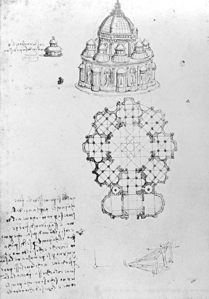 Leonardo da Vinci, Centralised church, and maritime engineering, Fol. 5v from Codex Ashburnham (formerly part of Manuscript B (2184), c.1488 (pen & ink on paper)