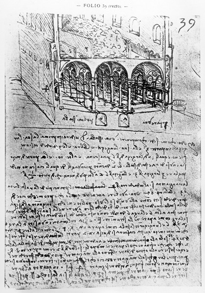 Leonardo da Vinci, Studies for stables, Folio 39r, from Paris Manuscript B 2173, 1487-90 (pen & ink on paper)