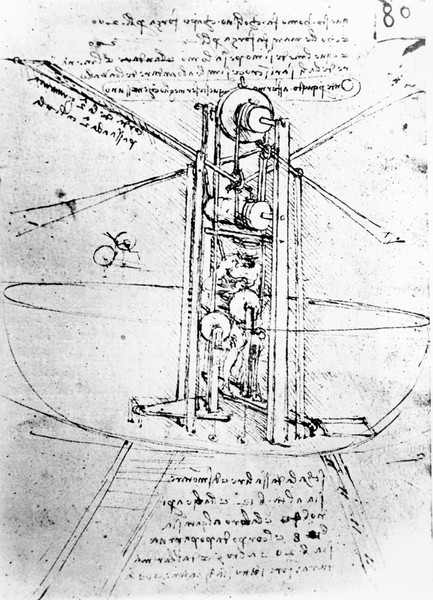 Leonardo da Vinci, Vertically standing bird's-winged flying machine, fol. 80r from Paris Manuscript B, 1488-90 (pen and ink on paper)