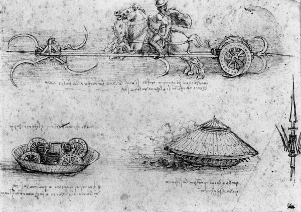 Leonardo da Vinci, ""Studies of military tank-like machines  including one at the top with horses pulling a contraption with revolving scythes, c.1485 (pen & ink and brown wash on paper)""""