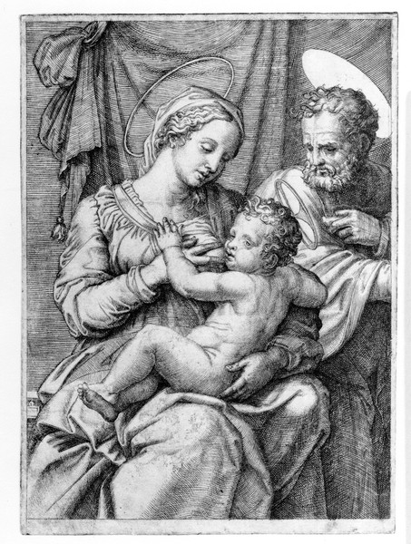 Raphael, The Holy Family, engraved by Marcantonio Raimondi, c.1515 (engraving) (Maria lactans, Heilige Familie, Säugen, Christus Kind, Joseph, Grafik, Adaption, Renaissance, Malerei, Klassiker, Wunschgröße, Wohnzimmer, schwarz/weiß)