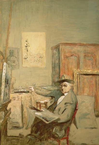 Edouard Vuillard, In Memory of a Visit to Forain (Portrait, Künstlerportrait, Mann, Maler, Atelier, Interieur, Frankreich, klassische Moderne, Wunschgröße,  Impressionismus,  Wohnzimmer, Treppenhaus, bunt)