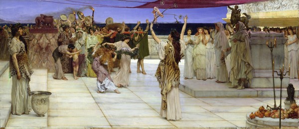 Lawrence Alma-Tadema, A Dedication to Bacchus, 1889 (oil on canvas) (Lobpreisung, Ehrung, Bacchus, Weingott, Mythologie, antikisierend, romantisierend,  Akademischer Realismus, Idylle, Malerei, Wunschgröße, Wohnzimmer, bunt)