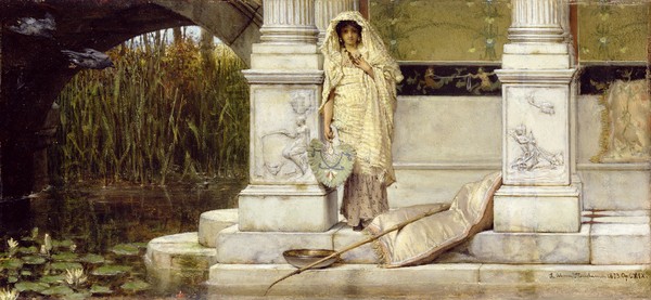 Lawrence Alma-Tadema, Roman Fisher Girl, 1873 (oil on panel) (Fischer, Anglerin, Teich, antikisierend, romantisierend,  Akademischer Realismus, Idylle, süßlich, Malerei, Wunschgröße, Wohnzimmer, bunt)