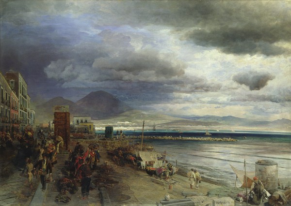 Andreas Achenbach, The Coast of Naples, 1877 (oil on canvas) (Seestück, Meer, Küste, Vesuv, Neapel, Küste, Promende,  Meeresbrise, Malerei, Wunschgröße, Wohnzimmer, bunt)