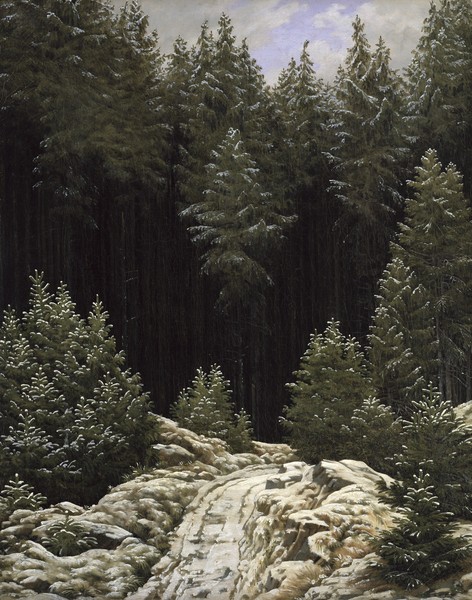 Caspar David Friedrich, Early Snow, c.1828 (oil on canvas) (Wald, Nadelwald, Winter, Schnee, Einsamkeit, Waldweg, Landschaftsmalerei, Klassiker, Wohnzimmer, Malerei, Romantik,  Wunschgröße, bunt)