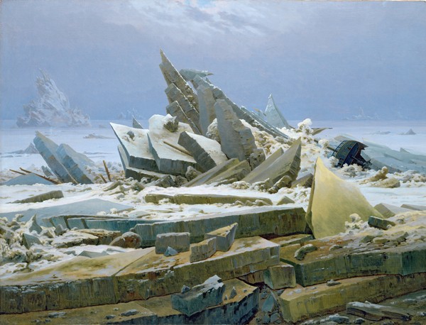 Caspar David Friedrich, The Polar Sea, 1824 (oil on canvas) (Eislandschaft, Kälte, unwirtlich, gebrochenes Eis, Eisschollen, kantig, harsch, Klassiker, Wohnzimmer, Malerei, Romantik,  Wunschgröße, bunt)