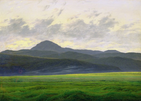 Caspar David Friedrich, Mountainous landscape (oil on canvas) (LAndschaft, Landschaftsmalerei, Berge, Hügel, Gebirge, Wiesen, Romantik, Malerei, Klassiker, Wohnzimmer, Wunschgröße, bunt)