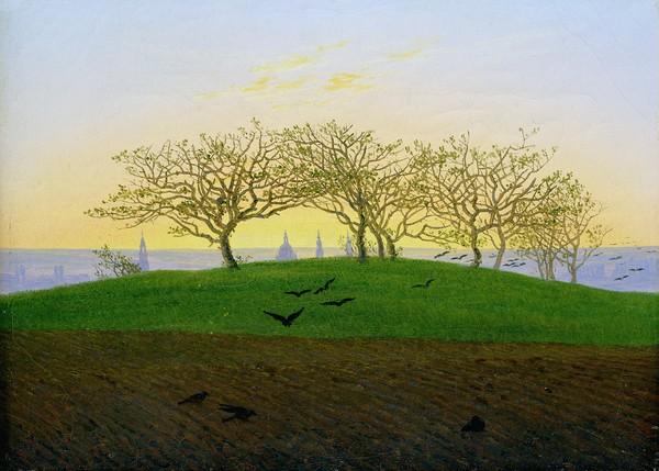 Caspar David Friedrich, Hills and Ploughed Fields near Dresden (oil on canvas) (Landschaft, Landschaftsmalerei, Hügel, Gepflügtes Feld, Bäume, Krähen, Romantik, Malerei, Klassiker, Wohnzimmer, Wunschgröße, bunt)