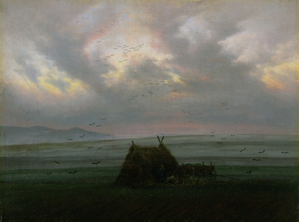 Caspar David Friedrich, Waft of Mist, c. 1818-20 (oil on canvas) (Landschaft, Landschaftsmalerei, Weiden, Wiesen, Kotten, Bauernhaus, Dunst, Nebel, diffus, Himmel, Wolken, Romantik, Malerei, Klassiker, Wohnzimmer, Wunschgröße, bunt)