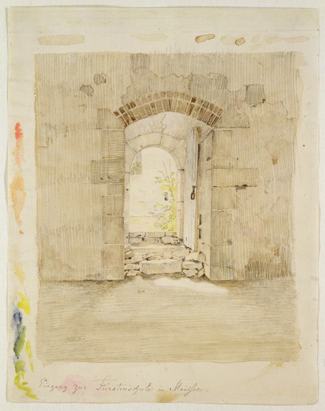 Caspar David Friedrich, Entrance Gate to the Royal School in Meissen (pencil and w/c on paper) (Architektur, Gebäude, Ruine, Eingang , Tür, Schule, Studie, Romantik, Zeichnung, Klassiker, Wohnzimmer, Wunschgröße, Auquarell)