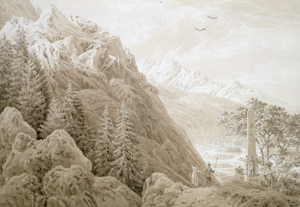 Caspar David Friedrich, Autumn (ink on pencil on paper) (Landschaften, Gebirge, Felsen, Berge, Spaziergänger, Stele, Studie, Romantik, Zeichnung, Klassiker, Wohnzimmer, Wunschgröße, schwarz/weiß)
