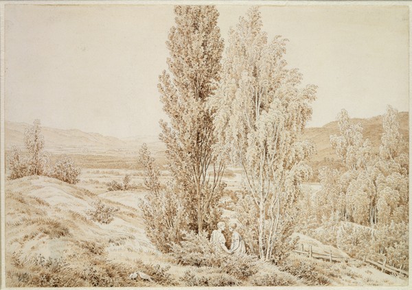 Caspar David Friedrich, Summer (sepia ink and pencil on paper) (Bäume, Landschaft, unschgröße, Romantik, Klassiker, Malerei, Zeichnung, Wohnzimmer, Treppenhaus, sepia)