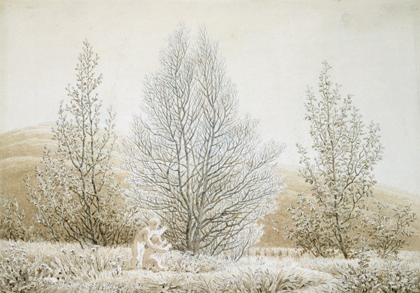 Caspar David Friedrich, Spring (sepia ink and pencil on paper) (Landschaft, Bäume, Frost, Reif, Garten, Skulptur, Wunschgröße, Romantik, Klassiker, Malerei, Zeichnung, Wohnzimmer, Treppenhaus, sepia)