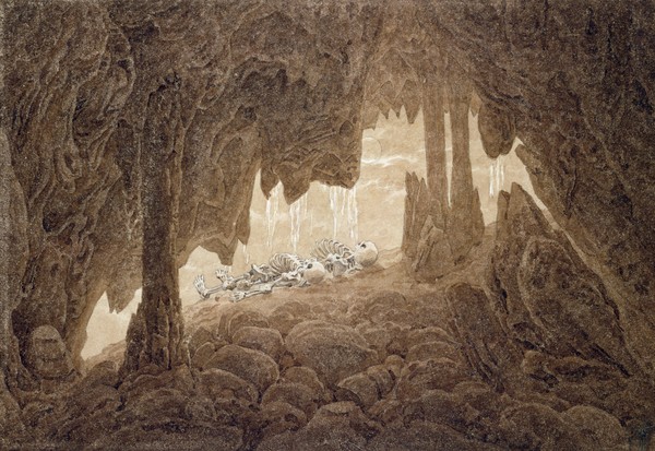 Caspar David Friedrich, Skeleton in the Cave (sepia ink and pencil on paper) (Höhle, Tropfsteinhöhle,Skelette, Gerippe, Tod, Vergänglichkeit, Wunschgröße, Romantik, Klassiker, Malerei, Zeichnung, Wohnzimmer, Treppenhaus, sepia)