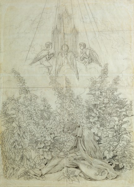 Caspar David Friedrich, The Musician's Dream (chalk on paper) (Komponist, junger Mann, nachdenklich, versunken, Garten, Hecke, Schutz, Inspiration, Engel, Wunschgröße, Romantik, Klassiker, Malerei, Zeichnung, Wohnzimmer, Treppenhaus, sepia)