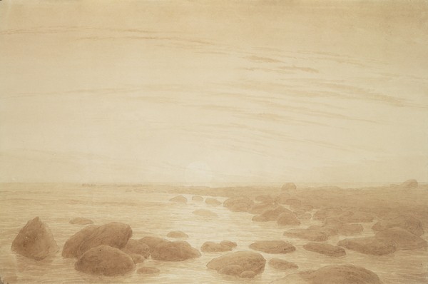 Caspar David Friedrich, Moonrise on the Sea (Sunset across the Sea) (sepia ink and pencil on paper) (Meer, Küste, Strand, Steine, diffus, Dunst, Mondaufgang, Meeresbrise, Wunschgröße, Romantik, Klassiker, Malerei, Zeichnung, Wohnzimmer, Treppenhaus, sepia)