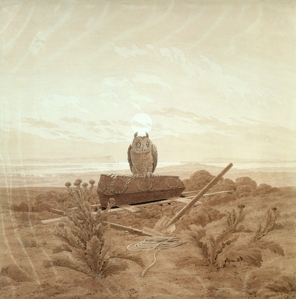 Caspar David Friedrich, Landscape with Grave, Coffin and Owl (sepia ink and pencil on paper) (Grab, Sarg, Beerdigung, Einsamkeit, Uhu, Disteln, Landschaft, Dunst, Wunschgröße, Romantik, Klassiker, Malerei, Zeichnung, Wohnzimmer, Treppenhaus, sepia)