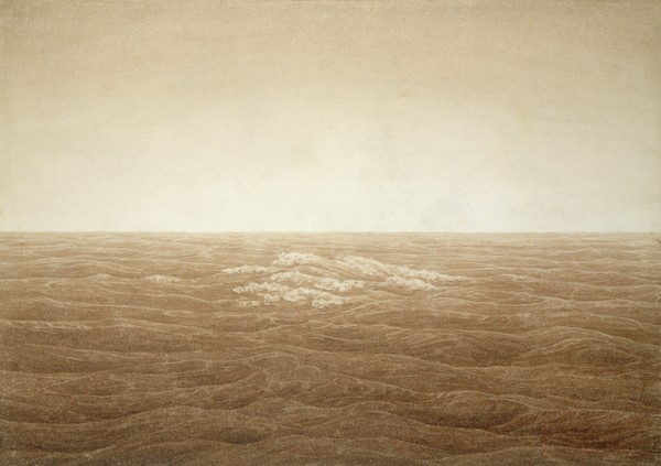 Caspar David Friedrich, Sea at Sunrise, 1828 (sepia ink over pencil on paper) (Meer, Horizont, diffus, Dunst, nebel, Sonnenaufgang, Meresbrise, Wunschgröße, Romantik, Klassiker, Malerei, Zeichnung, Wohnzimmer, Treppenhaus, sepia)