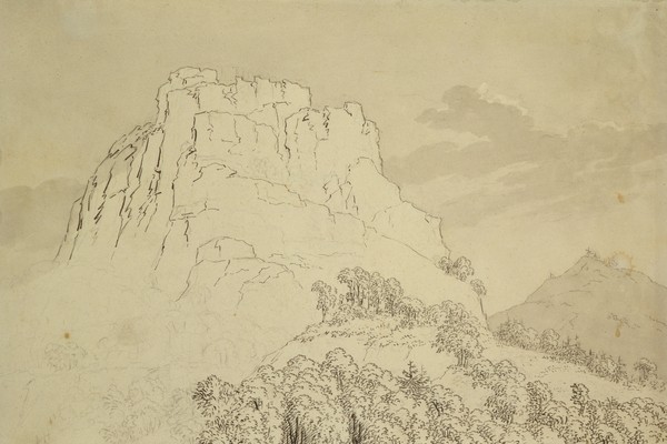 Caspar David Friedrich, Rocky Hilltop with a Wooded Hill in front (pencil, pen and w/c wash on paper) (Felsen, Gebirge, schroff, steil,  Landschaften, Romantik, Malerei, Zeichnung, Studie, Aquarell, Klassiker, Wohnzimmer, Wunschgröße, sepia)