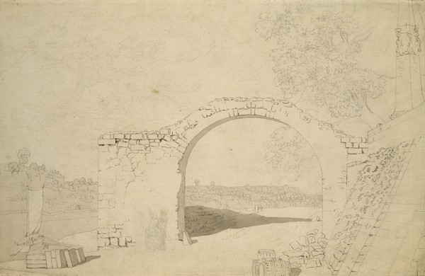 Caspar David Friedrich, River Landscape with an Arch (unfinished) (pencil, pen and w/c on paper) (Fluss, alte Brücke, Ruine, Brückenbogen, Landschaften, Romantik, Malerei, Zeichnung, Studie, Aquarell, Klassiker, Wohnzimmer, Wunschgröße, sepia)