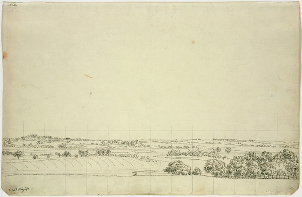 Caspar David Friedrich, View towards Putbus (pen and pencil on paper) (Rügen, Ebene, Felder, Wiesen, Landschaften, Raster, Romantik, Malerei, Zeichnung, Studie, Aquarell, Klassiker, Wohnzimmer, Wunschgröße, sepia)
