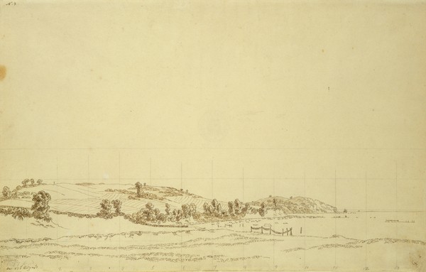 Caspar David Friedrich, South Coast of Rugen (pen and pencil on paper) (Rügen, Ebene, Meer, Wiesen, Küste, Raster, Landschaften, Romantik, Malerei, Zeichnung, Studie, Aquarell, Klassiker, Wohnzimmer, Wunschgröße, sepia)