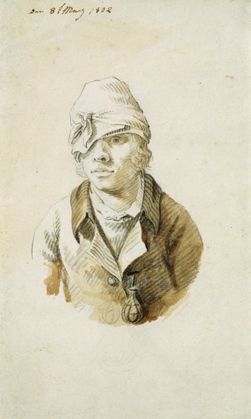 Caspar David Friedrich, Self Portrait with Cap and Eye Patch, 8th May 1802 (pencil, brush and w/c on paper) (Selbstportrait, junger Mann, Augenbinde, Kappe, Romantik, Malerei, Zeichnung, Studie, Aquarell, Klassiker, Wohnzimmer, Wunschgröße, sepia)