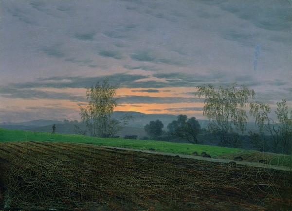 Caspar David Friedrich, Ploughed Field, c.1830 (oil on canvas) (Landschaft, Panorama, Dämmerung, Sonnenuntergang, Diffus, Romantik, Malerei, Klassiker, Wohnzimmer, Wunschgröße, bunt)