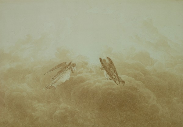 Caspar David Friedrich, Angel in Prayer, c.1826-34 (sepia over pencil on paper) (Himmel, Wolken, Engel, Gebet, mystisch, Religiös, spirituell, Romantik, Zeichnung, Klassiker, Wohnzimmer, Wunschgröße, sepia)