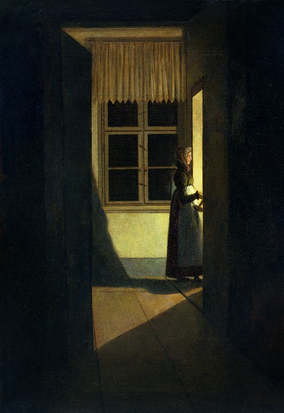 Caspar David Friedrich, The Woman with the Candlestick, 1825 (oil on canvas) (Interieur, Innenraum, Fenster, Frau, Kerze, Kerzenschein, Dunkelheit, Nachtszene, Romantik, Malerei, Klassiker, Wohnzimmer, Wunschgröße, bunt)