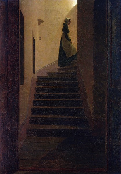 Caspar David Friedrich, Caroline on the Stairs (oil on canvas) (Interieur, Innenraum, Treppe, Frau, Treppenhaus, Romantik, Malerei, Klassiker, Wohnzimmer, Wunschgröße, bunt)