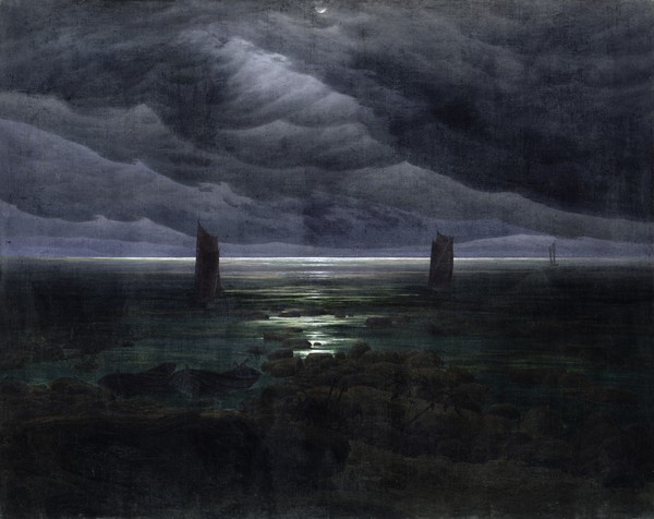 Caspar David Friedrich, Sea Shore in Moonlight, 1835-36 (oil on canvas) (Meer, Meeresbrise, Wolken, Mondschein, Boote, Horizont, Beobachter, Dunkelheit, Nachtszene, Romantik, Malerei, Klassiker, Wohnzimmer, Wunschgröße, bunt)