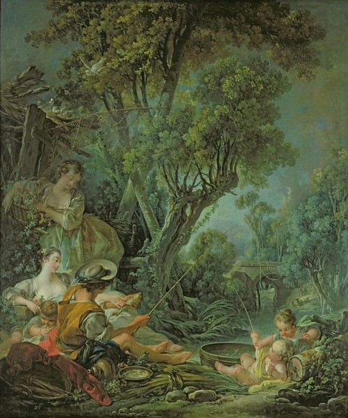 Francois Boucher, The Angler, 1759 (oil on canvas) (Angler, Fischer, ländlich, bäuerlich, Genre, idealisiert, Idylle,  Landschaft, Rokoko, Malerei, Klassiker, Wunschgröße, Wohnzimmer, Schlafzimmer, bunt)