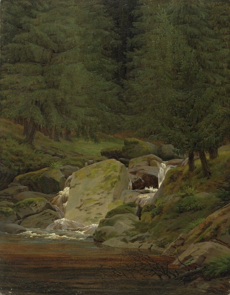 Caspar David Friedrich, The Evergreens by the Waterfall (oil on canvas) (Landschaftsmalerei, Natur, Landschaften, Wald, Nadelwald, Wasserfall, Einsamkeit, Romantik, Malerei, Klassiker, Wohnzimmer, Wunschgröße, bunt)