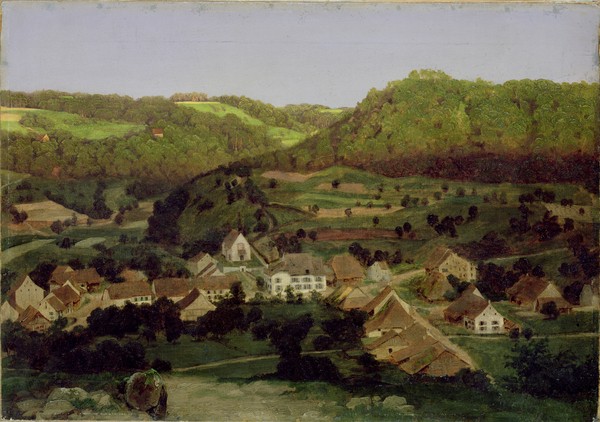 Arnold Bocklin, A View of the Village of Tenniken, 1846 (oil on canvas) (Landschaftsmalerei, Dorf, Berge, Panorama, Schweiz, Idylle, Wunschgröße, Klassiker, Wohnzimmer, bunt)