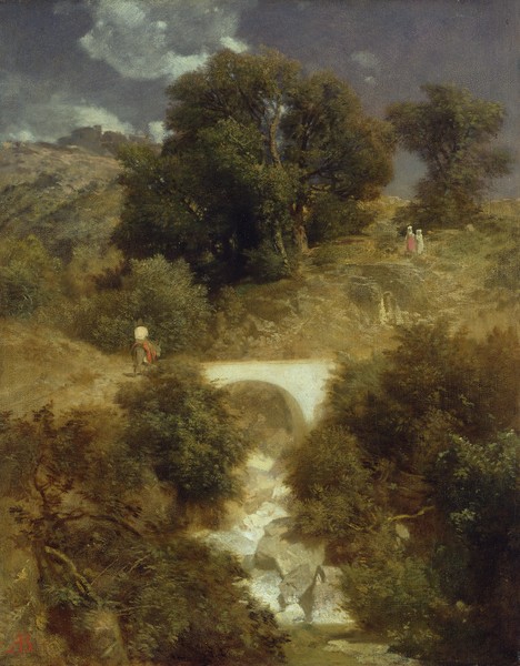 Arnold Bocklin, Roman Landscape with a Bridge, 1863 (oil on canvas) (Landschaftsmalerei, Hügel, Antike, Brücke, Römisch, Idylle, Wunschgröße, Klassiker, Wohnzimmer, bunt)