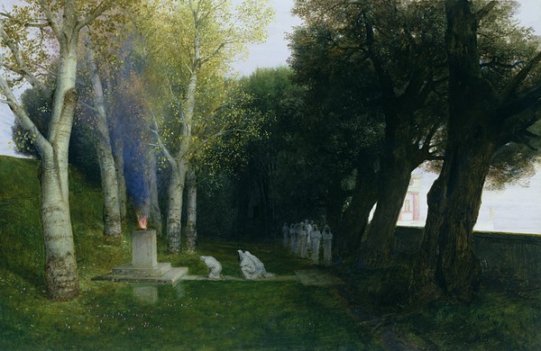 Arnold Bocklin, Sacred Grove, 1886 (oil on panel) (Heiliger Hain, Ewiges Feuer, Prozession, religiös, mystisch, Symbolismus, Wunschgröße, Klassiker, Wohnzimmer, bunt)