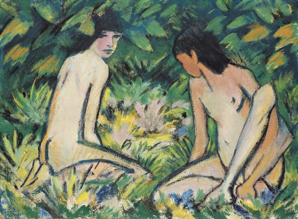 Otto Mueller, Girls in the Open Air (pastel on canvas) (Aktmalerei, Mädchen, nackt, Sommer, Sommerwiese, Expressionismus, Malerei, Wunschgröße, Wohnzimmer, bunt)