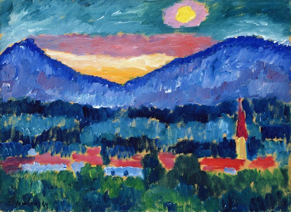 Alexej von Jawlensky, Mountain Village, 1910 (oil on cardboard) (Klassische Moderne,  Expressionismus, Landschaft, Bergdorf, blauer Berge, Dorf, Malerei, Wohnzimmer, Treppenhaus, Wunschgröße, bunt)