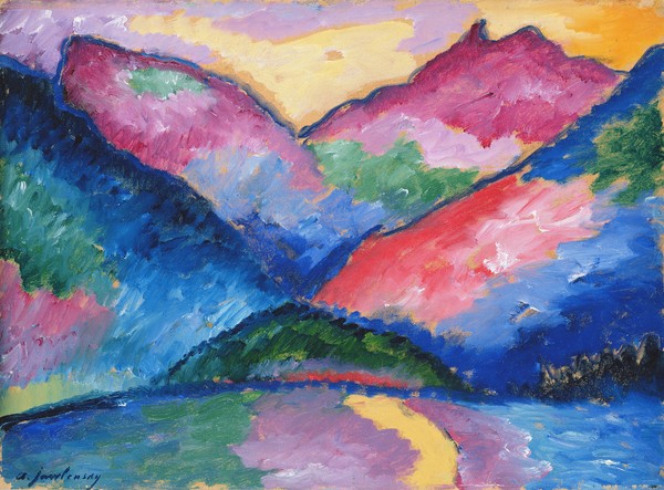 Alexej von Jawlensky, The Oy Valley, 1910 (oil on cardboard) (Klassische Moderne,  Expressionismus, Landschaft, Berge, Malerei, Wohnzimmer, Treppenhaus, Wunschgröße, bunt)