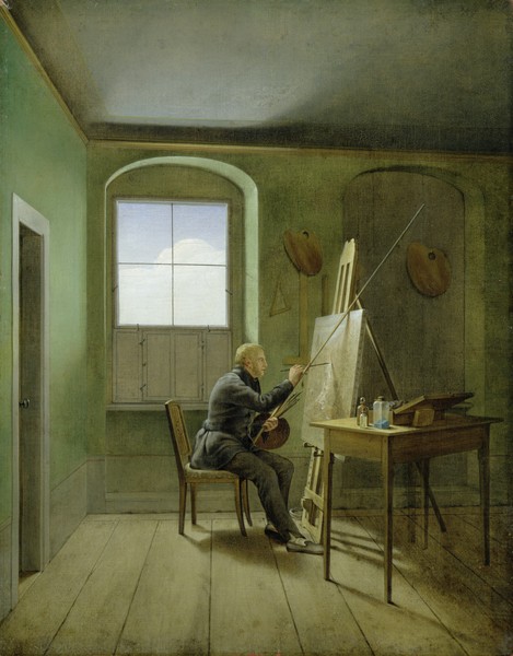 Georg Friedrich Kersting, Caspar David Friedrich (1774-1840) in his studio, 1811 (oil on canvas) (Malerei, Biedermeier, Atelier, Interieur, Innenraum, Künstler, Staffelei, Zeichenstock, Klassiker,Wunschgröße, Wohnzimmer, bunt)